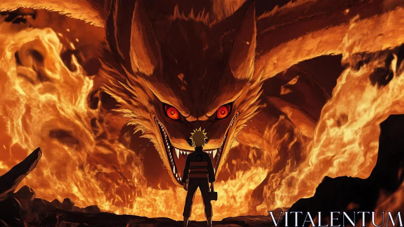 Anime hero confronts colossal flaming fox spirit in inferno.
