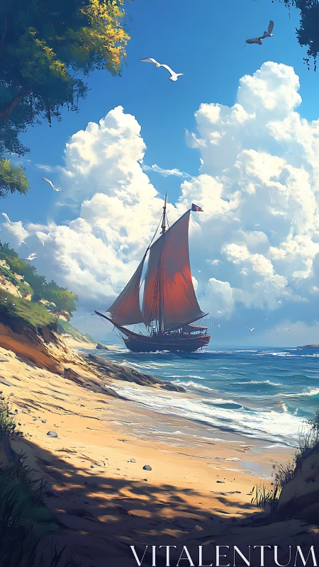Sunlit shore and crimson-sailed ship drifting toward adventure.