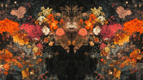 Symmetrical digital floral abstraction with autumnal color spectrum.