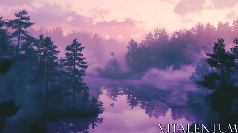 Misty Forest Lake at Dawn with Evergreen Trees and Pink Sky