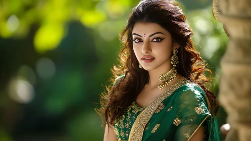 Woman in green embroidered saree with jewelry outdoors.