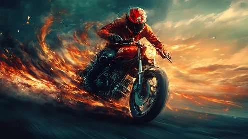 Fire-trail racer carving molten speed through stormy dusk.