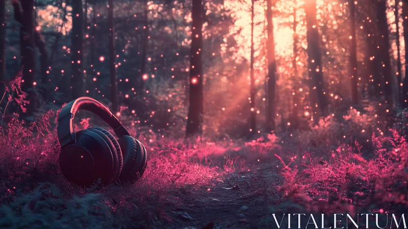 Headphones humming softly in a pink forest of falling light.