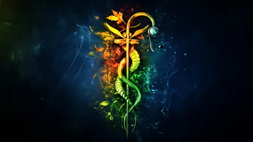 Digital caduceus emblem with botanical neon plasma field.
