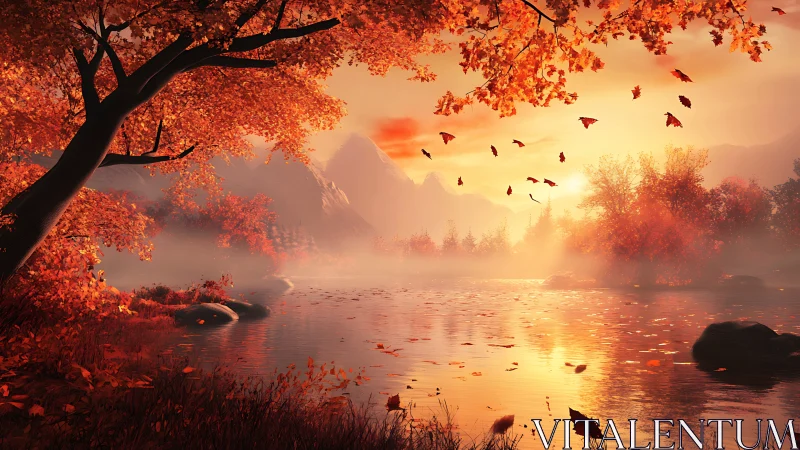 Crimson autumn lake at sunrise with drifting foliage glow.