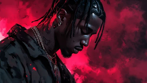 Profile portrait of braided man in red atmospheric glow