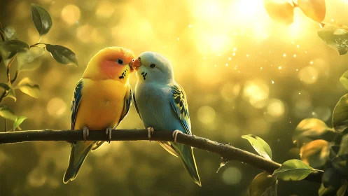 Two Colorful Budgies Perched on a Branch in Dreamy Sunlight.