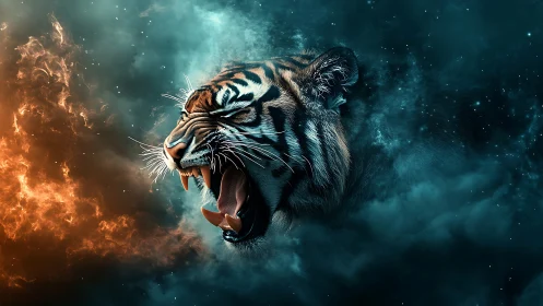 Roaring tiger head in dual-tone cosmic nebula cloudscape