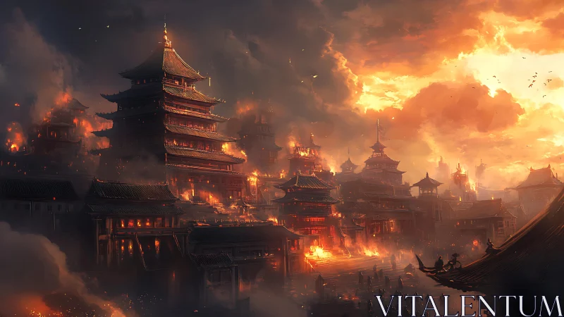 Apocalyptic East Asian Cityscape with Pagoda Architecture Engulfed in Catastrophic Firestorm
