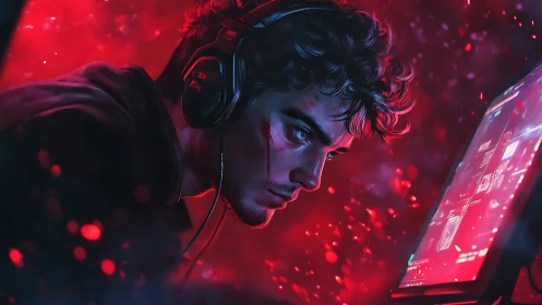 Intense gamer at red-lit monitor with cinematic digital effects