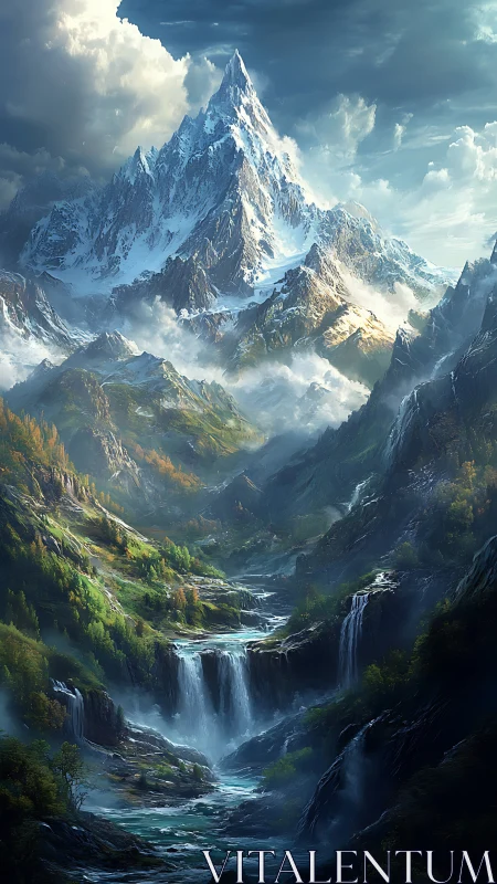Snowy mountain range towers above layered waterfalls
