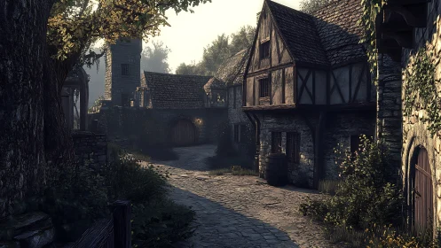 Medieval stone village street curves past timber houses