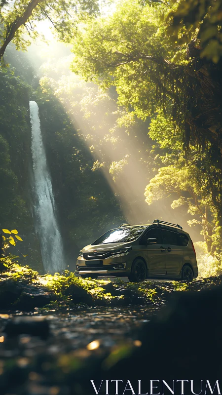 Off-road van parked in rainforest ravine under volumetric sunrays
