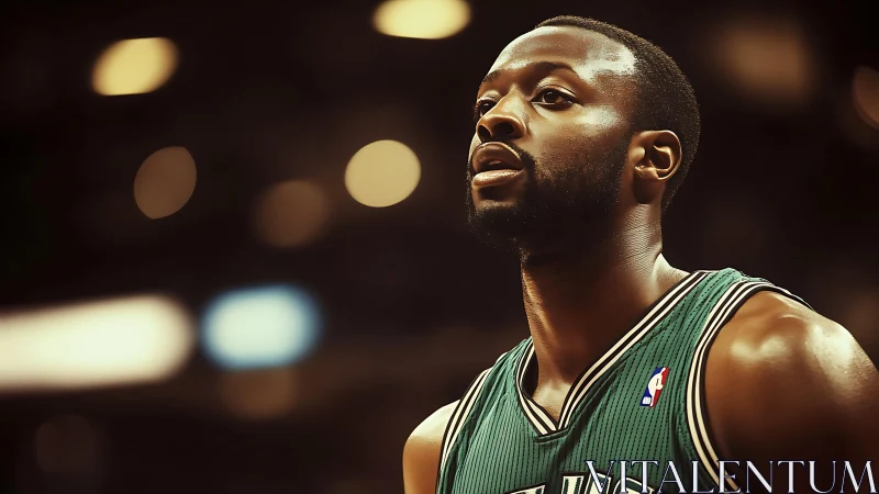Basketball guard in green jersey under arena bokeh lights.