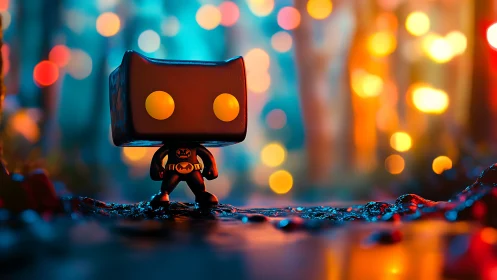 Miniature vinyl bat-hero figurine in neon forest bokeh scene
