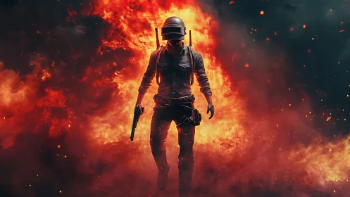 Lone tactical warrior strolls through roaring digital inferno