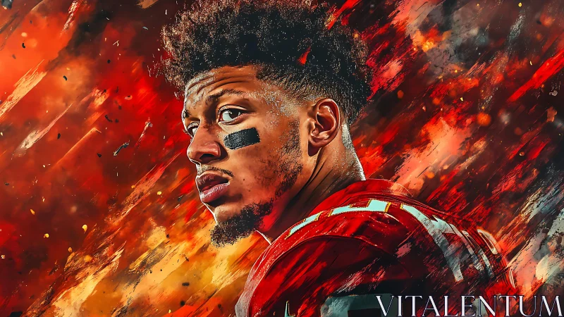 Dynamic gridiron portrait amid explosive red brushwork.