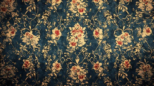 Vintage floral damask pattern on distressed blue fabric.