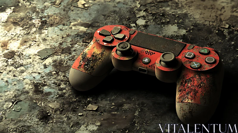 Weathered red game controller rests on a rugged metal floor