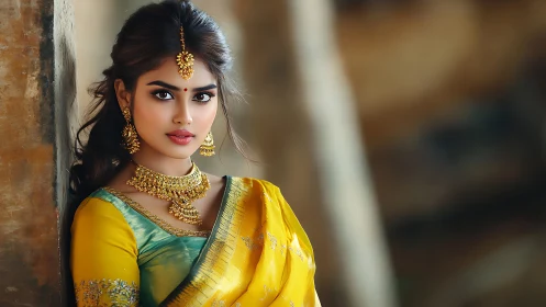 Photorealistic portrait in golden sari with jewelry detailing.