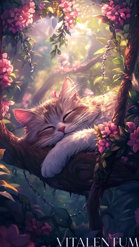 Sleeping feline figure rests among flowering branches with luminous atmospheric setting.