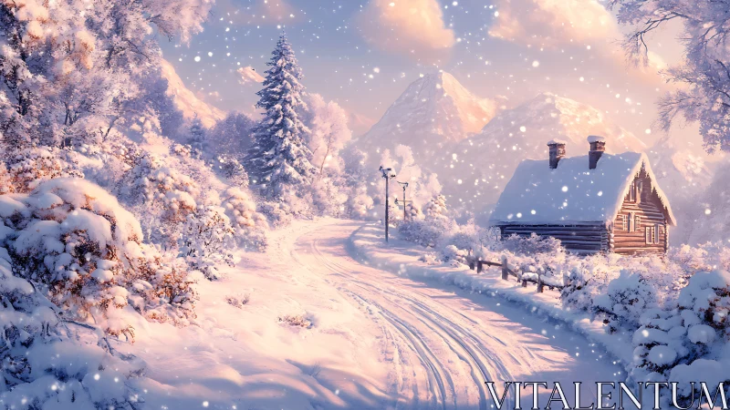 Snowy mountain cabin under pastel winter sunset snowfall.