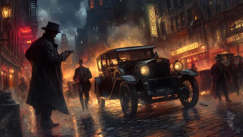 Stormy noir street showdown with vintage getaway car.