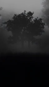 Silhouetted trees emerge from heavy fog in a dark forest.