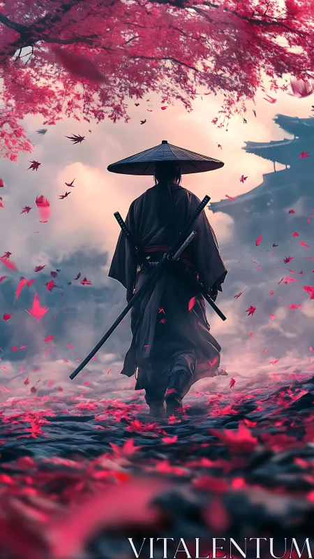 Lone samurai wanders beneath a storm of scarlet leaves.