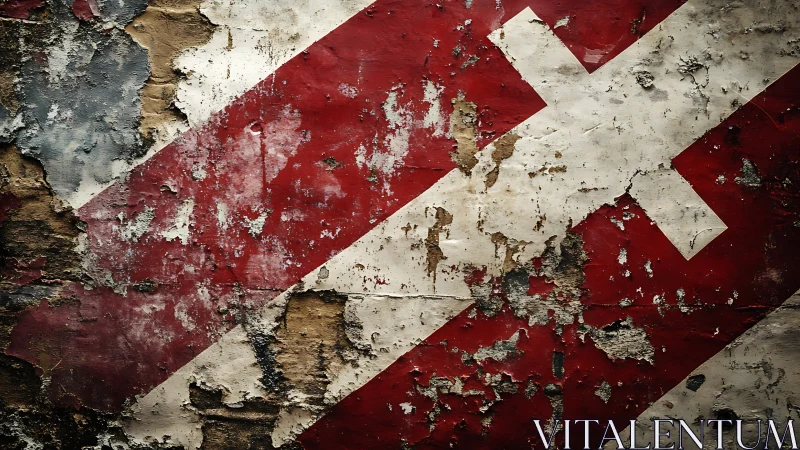 Weathered red diagonal wall shows peeling geometric stripes