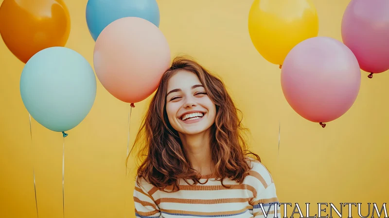 Portrait Subject with Gradient Balloon Array Against Solid Background.