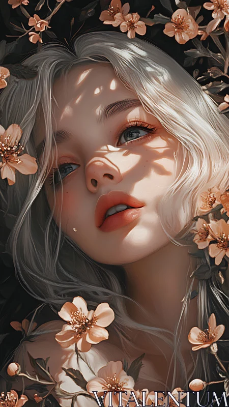 Dreamy floral portrait bathes a silver haired muse in light