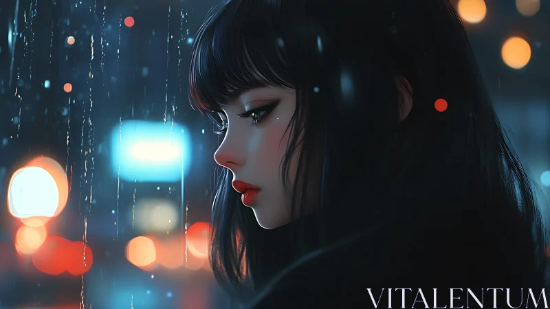 Night city portrait of young woman in rain.