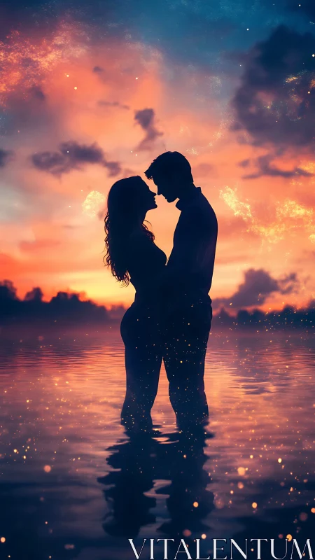 Silhouetted Embrace at Golden Sunset Over Water.