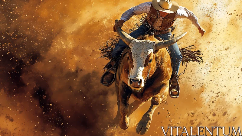 Rodeo bull rider suspended in explosive dust storm motion.