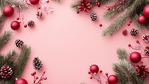Pink background with red Christmas baubles and pinecones.