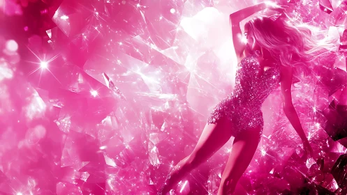 Glittering pink diva amid crystalline light shards.