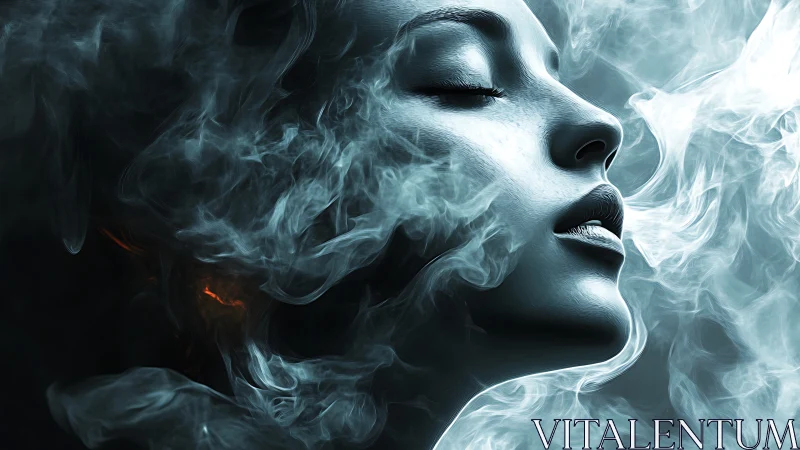 Ethereal female portrait emerges from swirling silver smoke
