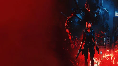 Armed female fighter in red blue urban battlefield scene.