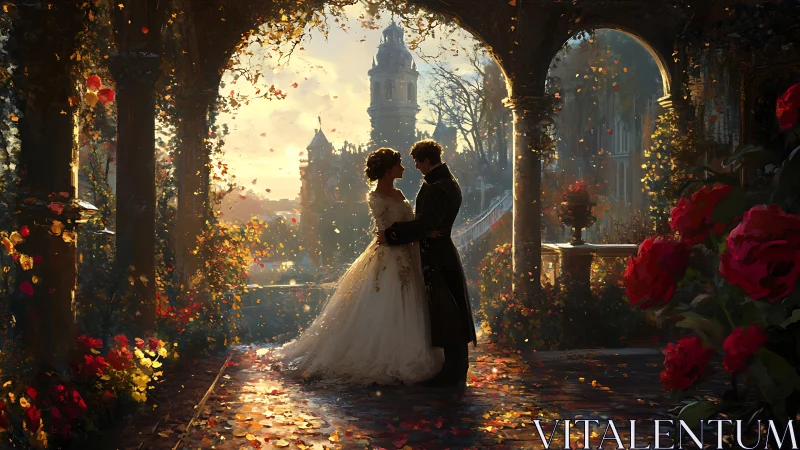Couple standing in ornate garden archway at sunset.