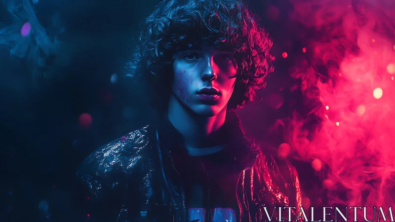 Neon-lit portrait captures moody youth in vaporous glow.