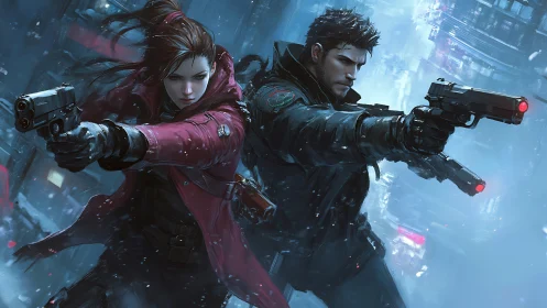 Two armed fighters aim pistols in a snowy neon city street