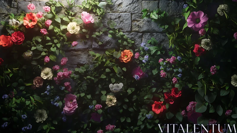 Layered floral garden wall composition with luminous rose tones against dark masonry