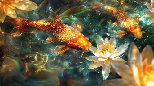 Koi lanterns glide through liquid jewels and glowing lilies