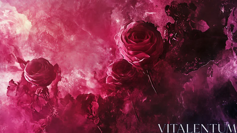 Deep Crimson Roses in Pink Ink Dispersion: Hyperrealistic Floral Study