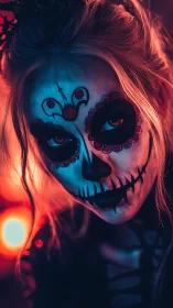 Day of the Dead sugar skull portrait in neon light.