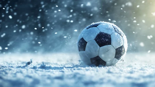 Snow‑covered soccer ball rests on a frozen winter pitch.