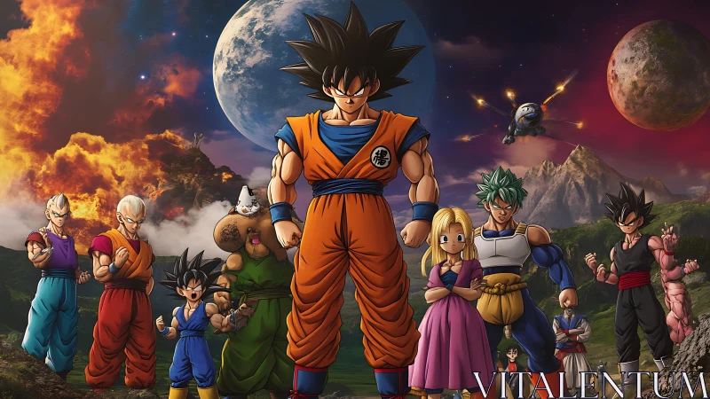 Heroic anime team gathers under fiery cosmic skies.