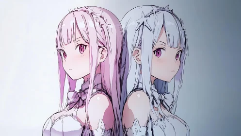Twin anime girls share a calm, mirrorlike fantasy moment