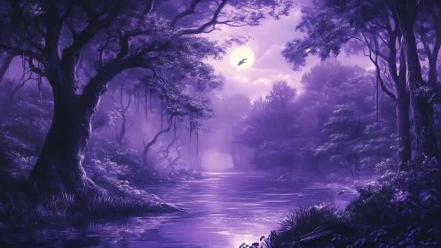 Moonlit river hums softly beneath a violet enchanted forest